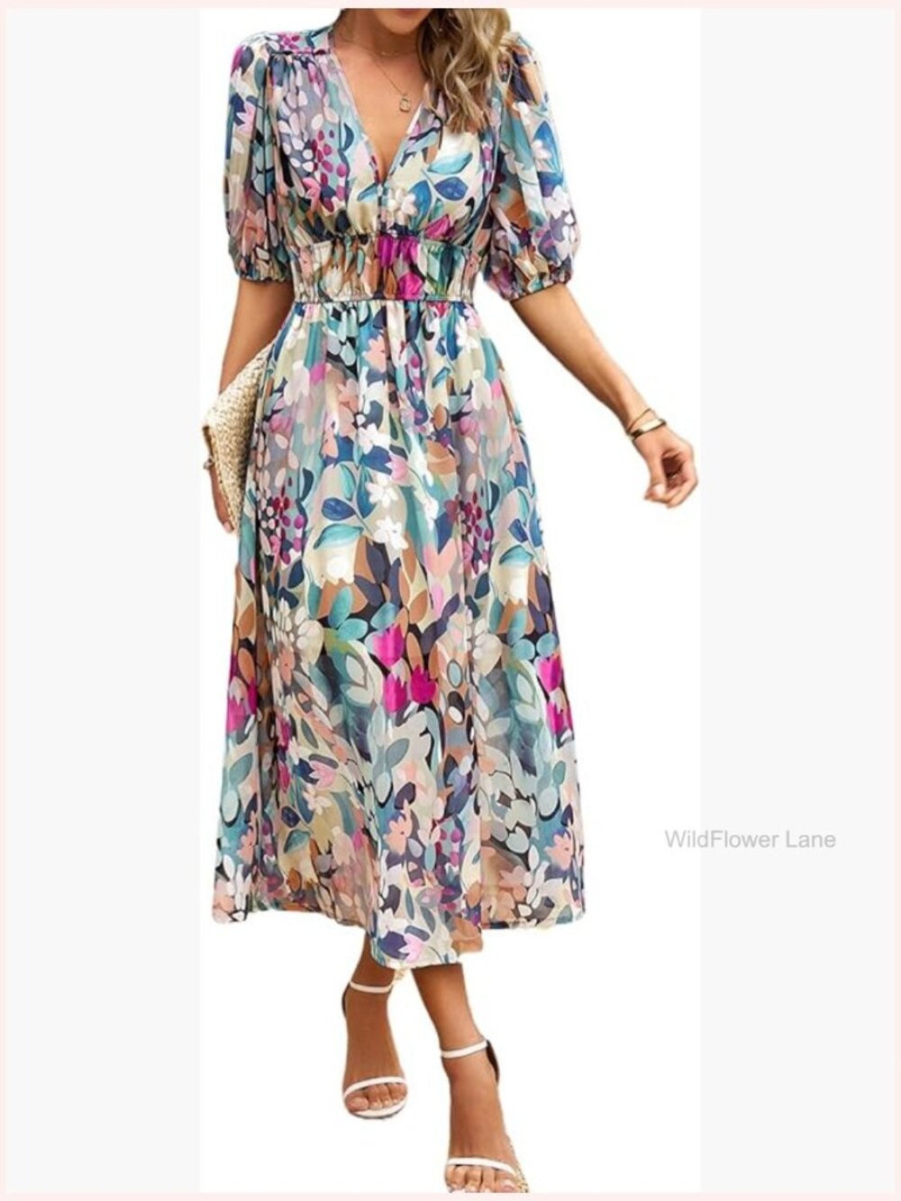 Boho Midi Dress V-Neck Puff Sleeve Flowy Beach Party Tropical Vacation - Picture 1 of 6